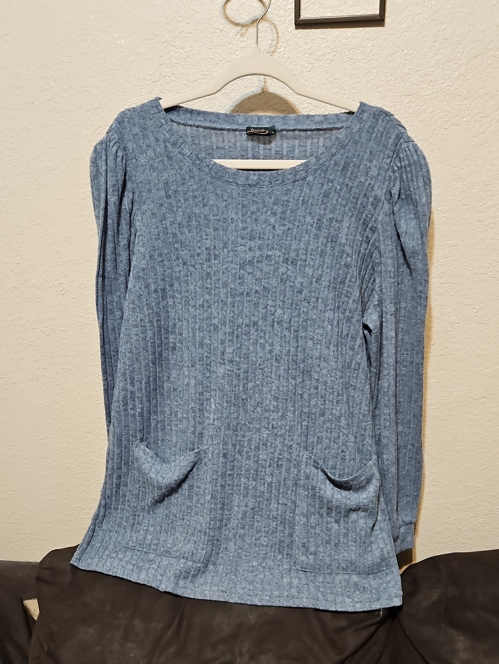 Light Blue Ribbed Scoop-Neck Sweater with Front Pockets